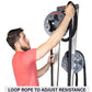 Man in coral shirt using gray and black upright rope trainer with dual pulley system and loop rope handles