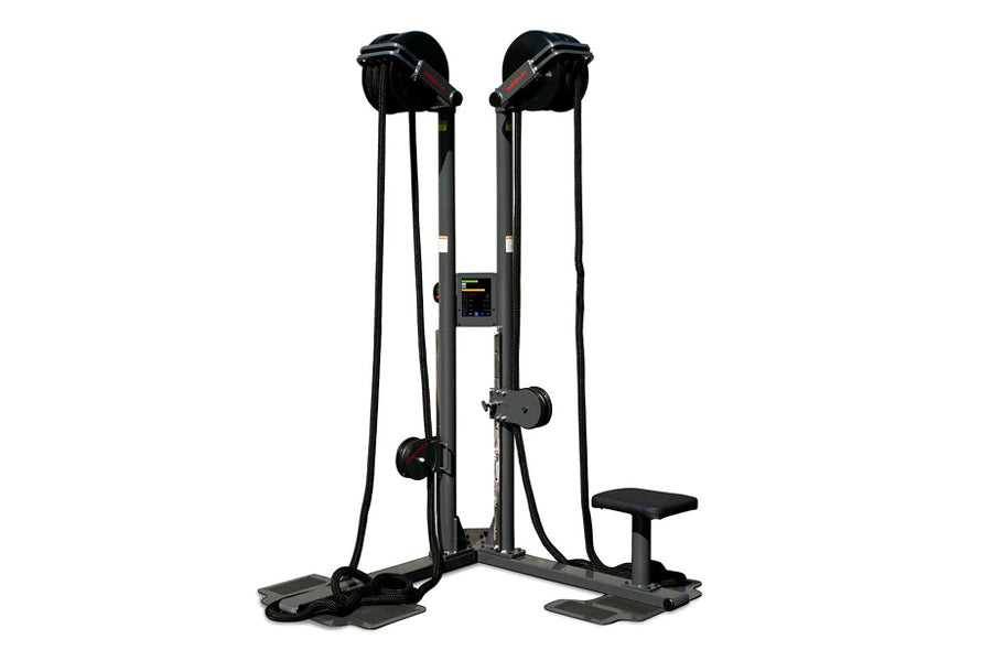 Ropeflex RX2500-D dual station rope trainer with black metal frame, two rope handles, digital display, and adjustable seat on
