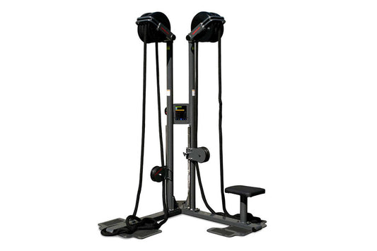 Ropeflex RX2500-D dual station rope trainer with black metal frame, two rope handles, digital display, and adjustable seat on