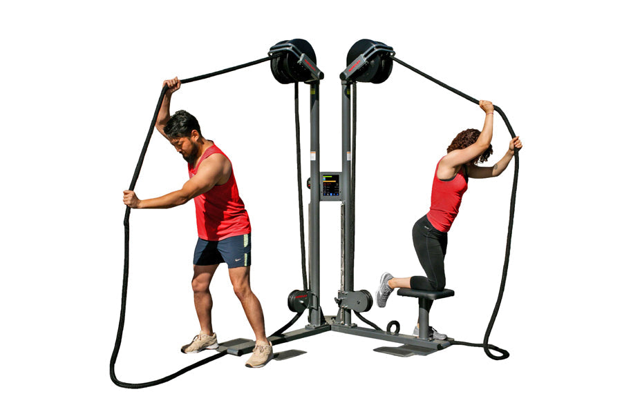 Ropeflex RX2500-D dual station rope trainer with two users performing rope exercises on white background
