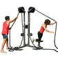 Ropeflex RX2500-D dual station rope trainer with two users in red shirts demonstrating rope exercises on gray metal frame