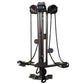 Black vertical rope trainer with dual handles and foot platform on white background