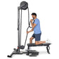Man in blue shirt using Ropeflex RX2500 upright rope trainer with black frame and bench on white background