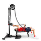 Male model in red shirt and navy shorts using black Ropeflex RX2500 upright rope trainer with adjustable seat and overhead pu