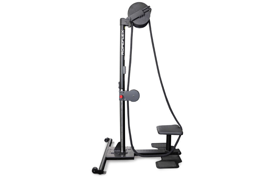 Ropeflex RX2500 upright rope trainer with black metal frame, footrest, and suspended rope on white background