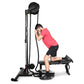 Man in pink shirt using black Ropeflex rope trainer machine with pulley system on white background