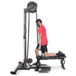 Man in red shirt using black Ropeflex rope training machine with adjustable pulley system on white background
