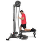 Man in red shirt using black Ropeflex RX2500 upright rope trainer with pulley system on white background