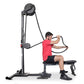 Man in red shirt using black Ropeflex RX2500 upright rope trainer with pulley system on white background