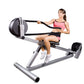 Woman in pink sports bra and black shorts using gray Ropeflex RX3300 incline rope trainer with black rope and round weight ba