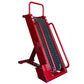 Red metal stair climbing machine with black textured tread surface and dual handles on white background