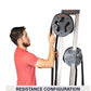 Man in red shirt using Ropeflex RX505 rope drum attachment with dual gray resistance wheels on white background