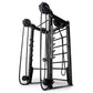 Black cable crossover rope training machine with dual pulleys, adjustable height settings, and ladder-style frame on white ba