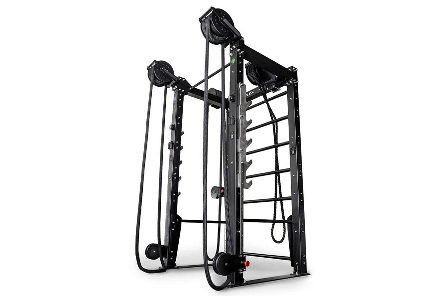 Black cable crossover rope training machine with dual pulleys, adjustable height settings, and ladder-style frame on white ba