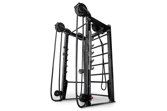 Black cable crossover rope training machine with dual pulleys, adjustable height settings, and ladder-style frame on white ba