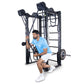 Man in blue shirt using black cable machine with dual pulleys and rope attachments on white background