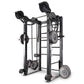 Black multi-functional strength training rack with dual cable systems, weight plates, and adjustable pulleys on white backgro