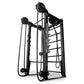 Black metal rope training rack with dual pulleys, ladder-style frame, and adjustable rope handles on white background
