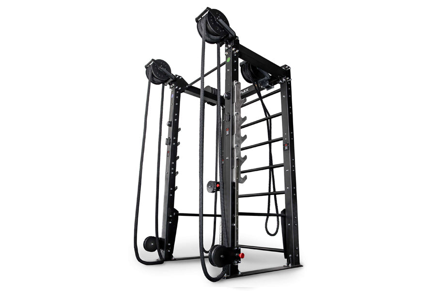Black metal rope training rack with dual pulleys, ladder-style frame, and adjustable rope handles on white background