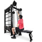 Black cable machine with rope trainer attachment, model wearing pink shirt demonstrating exercise on white background