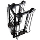 Black metal rope trainer attachment with dual weighted pulleys and adjustable arm positions on white background
