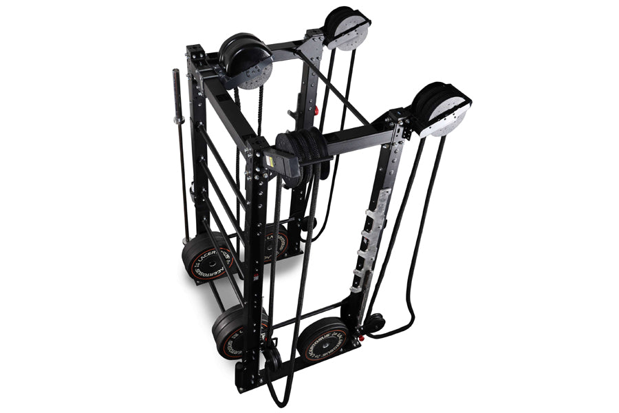 Black metal rope trainer attachment with dual weighted pulleys and adjustable arm positions on white background