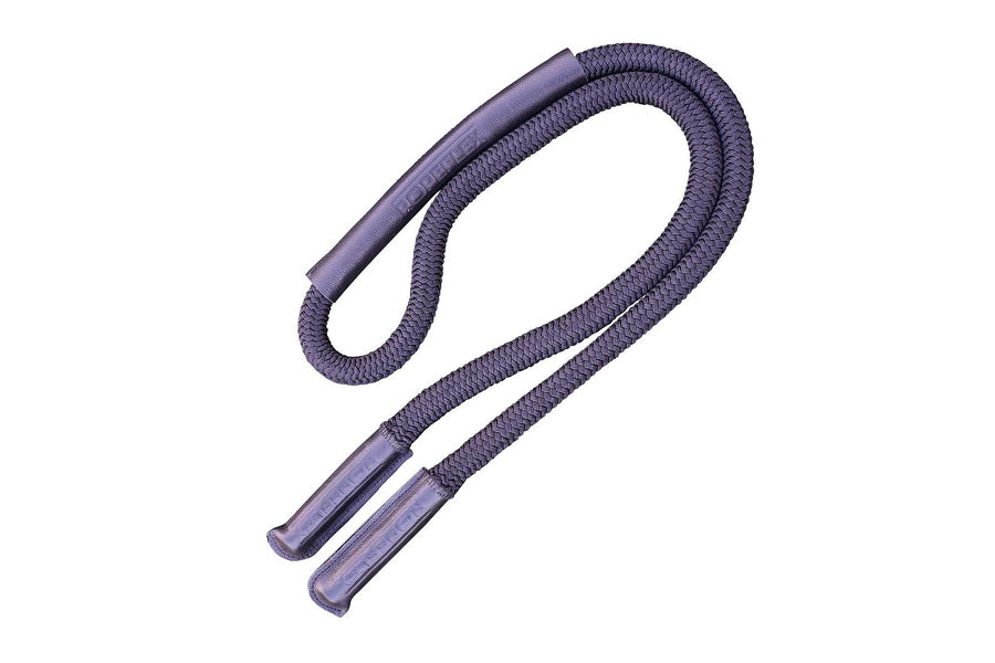 Purple heavy jump rope with braided nylon cord and leather grip handles on white background