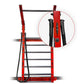 Red and black heavy jump rope station with leather grips, adjustable frame, and detail closeup showing black grip handles