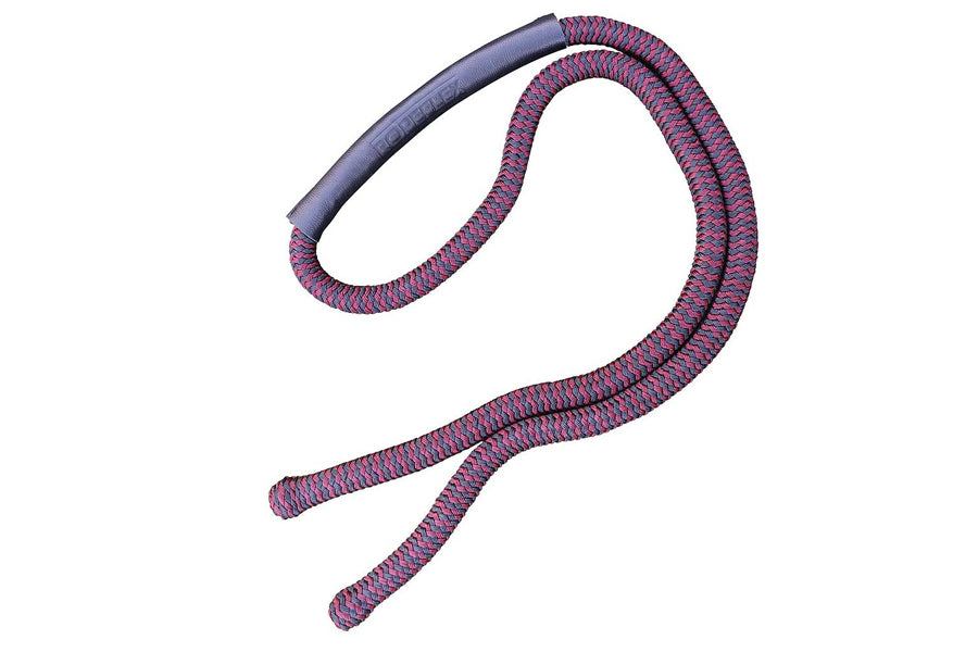 Purple and pink braided jump rope with gray padded handles on white background