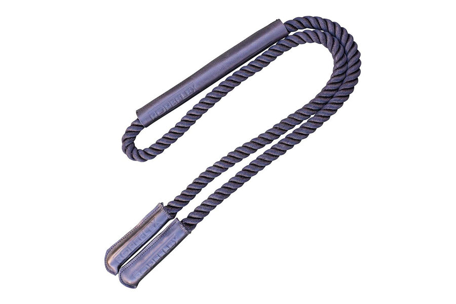 Dark blue twisted jump rope with wrapped handles on white background