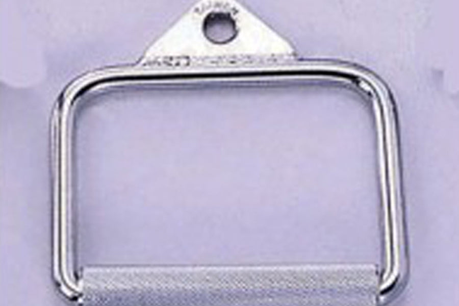 Warrior Rotating Solid Cable D Handle with silver metal frame and attachment loop on purple background