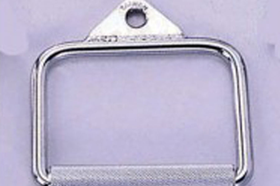 Silver metal D-handle with rotating cable attachment and plastic grip base on lavender background