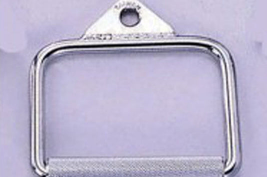 Silver metal D-handle with rotating cable attachment and plastic grip base on lavender background