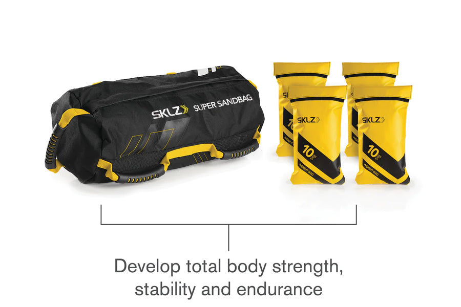 Black and yellow SKLZ Super Sandbag with carrying handles, shown with four 10-pound yellow and black weight inserts on white 