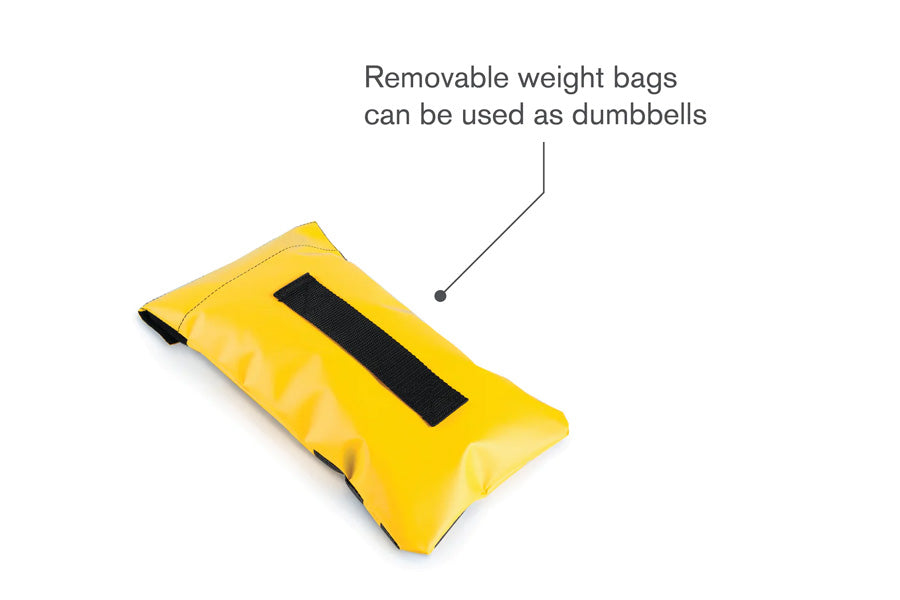Yellow water-resistant weight bag with black grip handle, removable sand filling for adjustable workout resistance