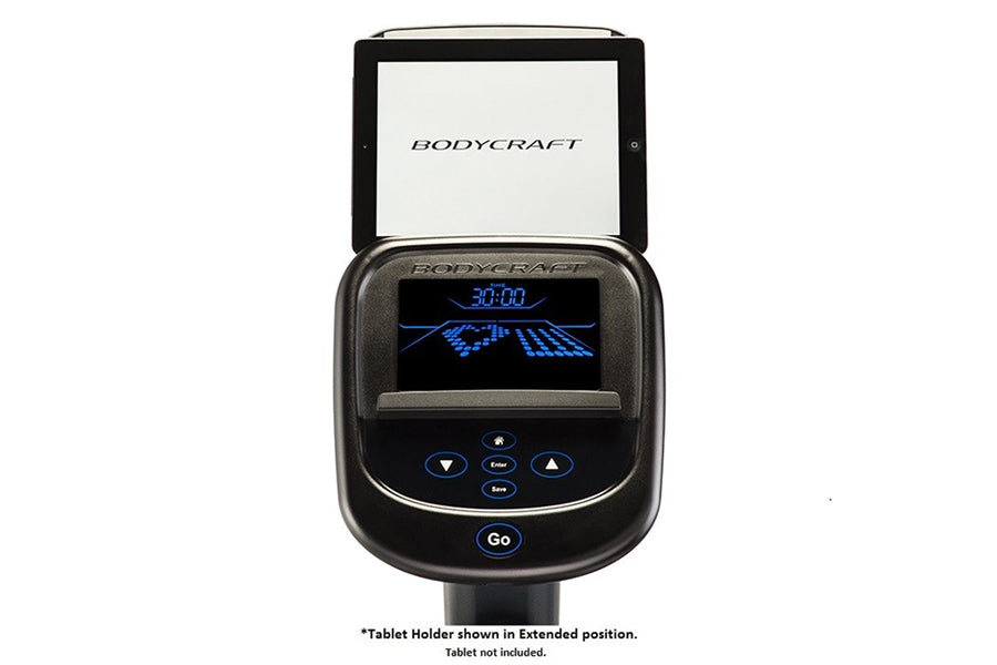 BodyCraft SCT400g Seated Elliptical Crosstrainer console with digital display, control buttons, and tablet holder in extended