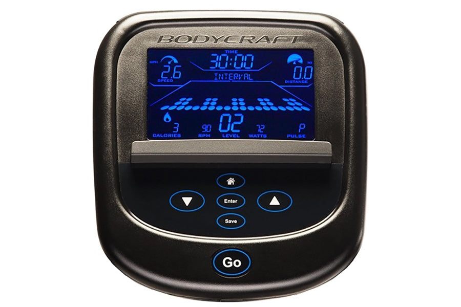 BodyCraft SCT400g seated elliptical crosstrainer console display with blue digital readout showing time, speed, calories, and