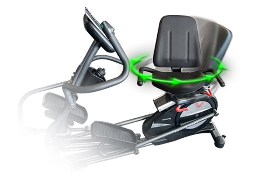BodyCraft SCT400g seated elliptical with gray frame, black padded seat, curved handlebar, and green accent lighting on white 
