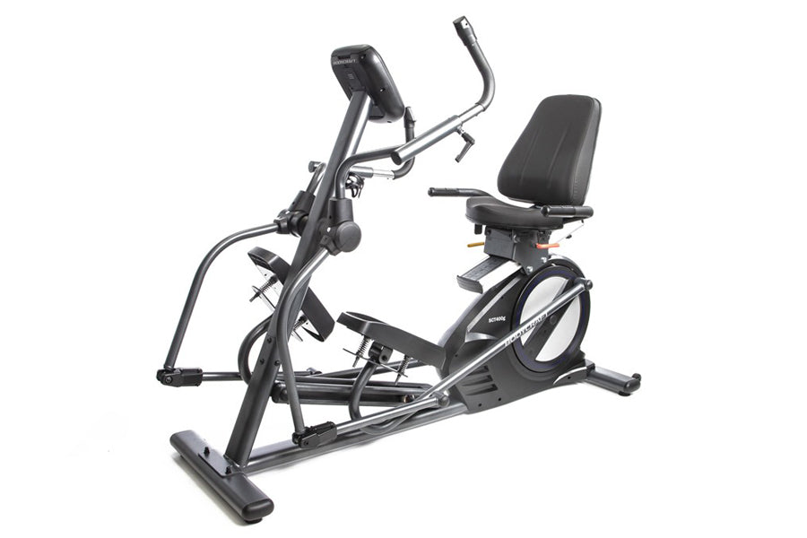 Black seated elliptical cross trainer with padded seat, digital display, and foot pedals on white background