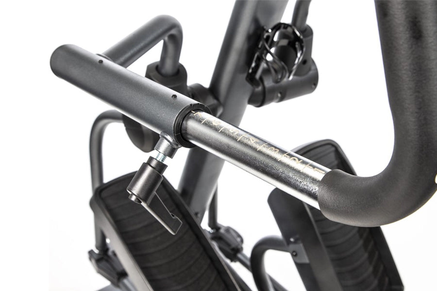 Close-up of BodyCraft SCT400g seated elliptical crosstrainer handlebars and frame in black and gray