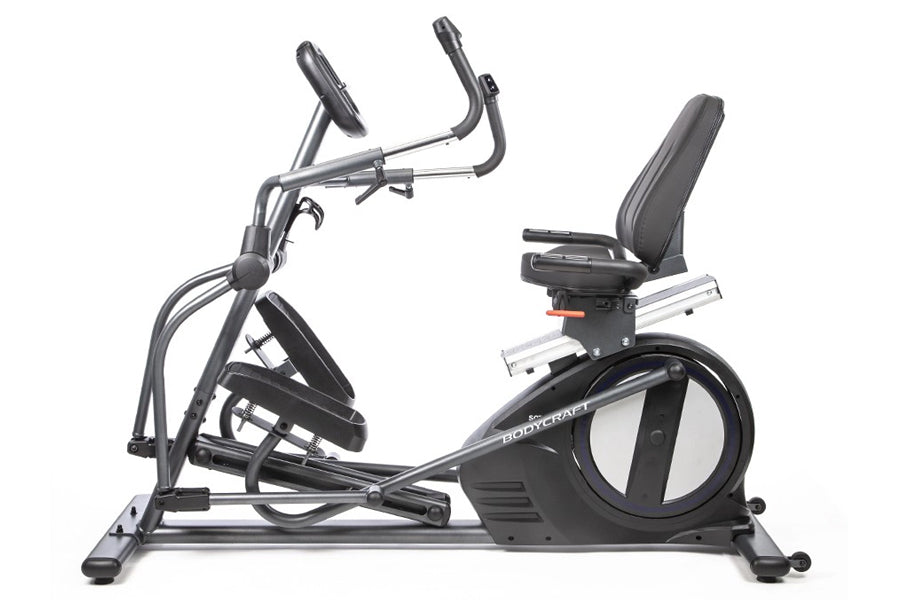 BodyCraft SCT400g seated elliptical crosstrainer with black padded seat, dual handlebars, and large circular pedal mechanism 