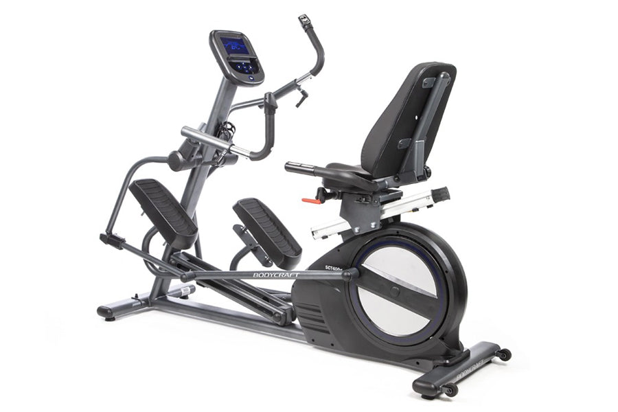 BodyCraft SCT400g seated elliptical crosstrainer with black frame, digital console, padded seat, and pedals on white backgrou