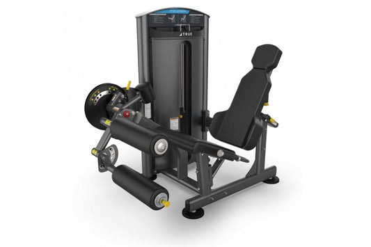 TRUE SD-1000 leg extension and curl machine with black frame, weight stack, and padded seat on white background
