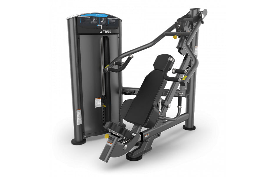 TRUE SD-1005 multi-press, dark gray and black commercial gym equipment with blue accent, featuring padded black seat and dual