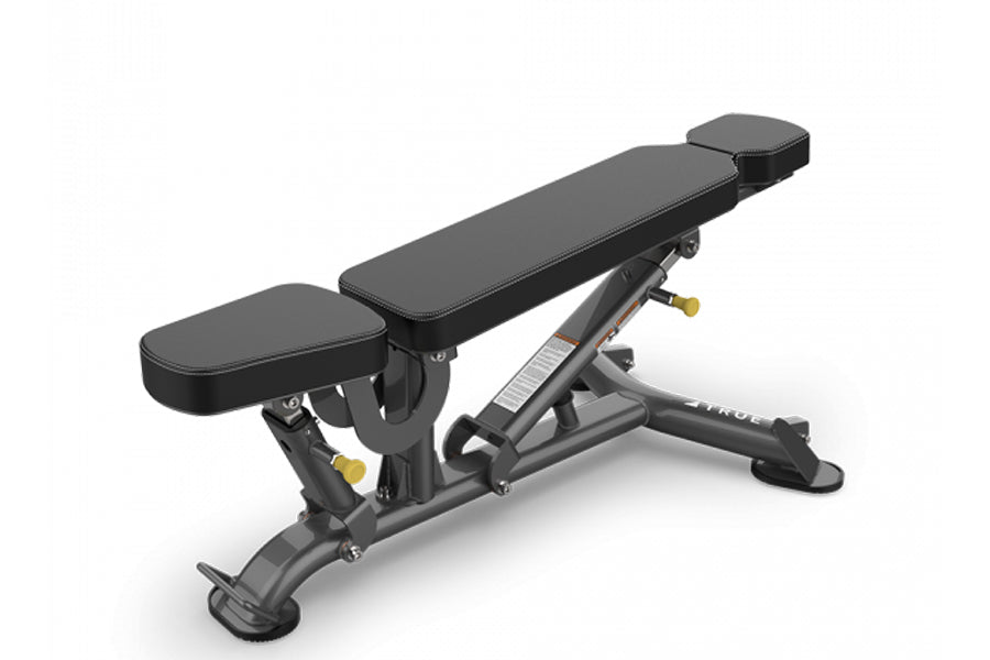 TRUE SF-1000 adjustable weight bench with black padded seat and backrest, gray metal frame, and leg attachment on white backg