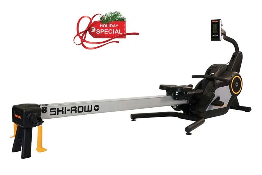 SHI-ROW AIR rowing machine with black frame, gray beam, digital display, and yellow foot pedals on white background