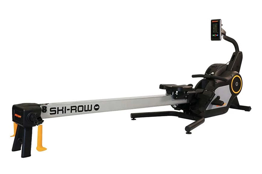 SHI-ROW Air rowing machine with black frame, gray rail, digital display monitor, and yellow accents on white background