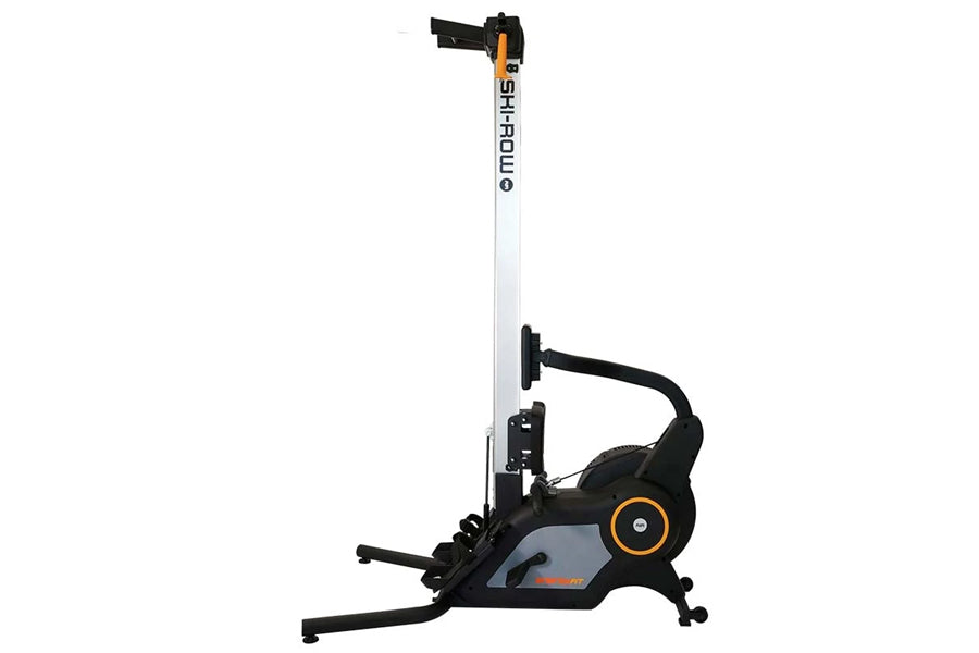 Ski-row air rowing machine with white vertical rail, black frame, orange accents, and extended footrest on white background