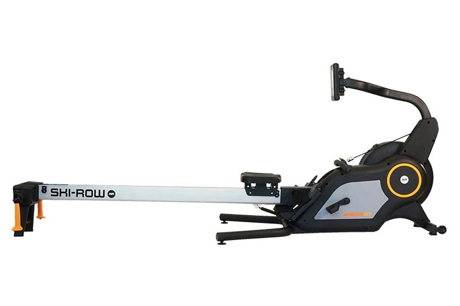 SHI-ROW Air rowing machine with black and gray body, orange accents, and extended silver rail on white background