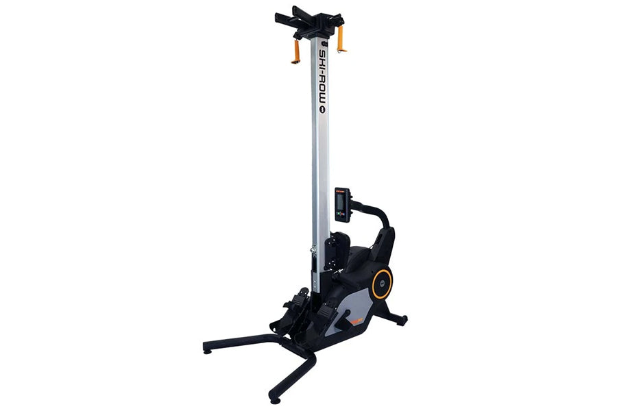Ski-Row Air rowing machine with black frame, silver vertical rail, orange accents, and digital display on white background